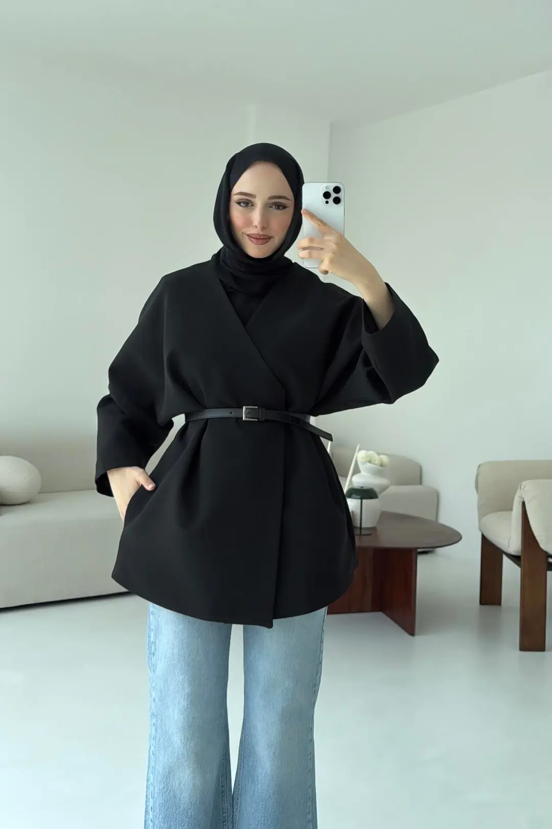 Deri Kemer Detay Oversize Ceket Siyah - Görsel 6