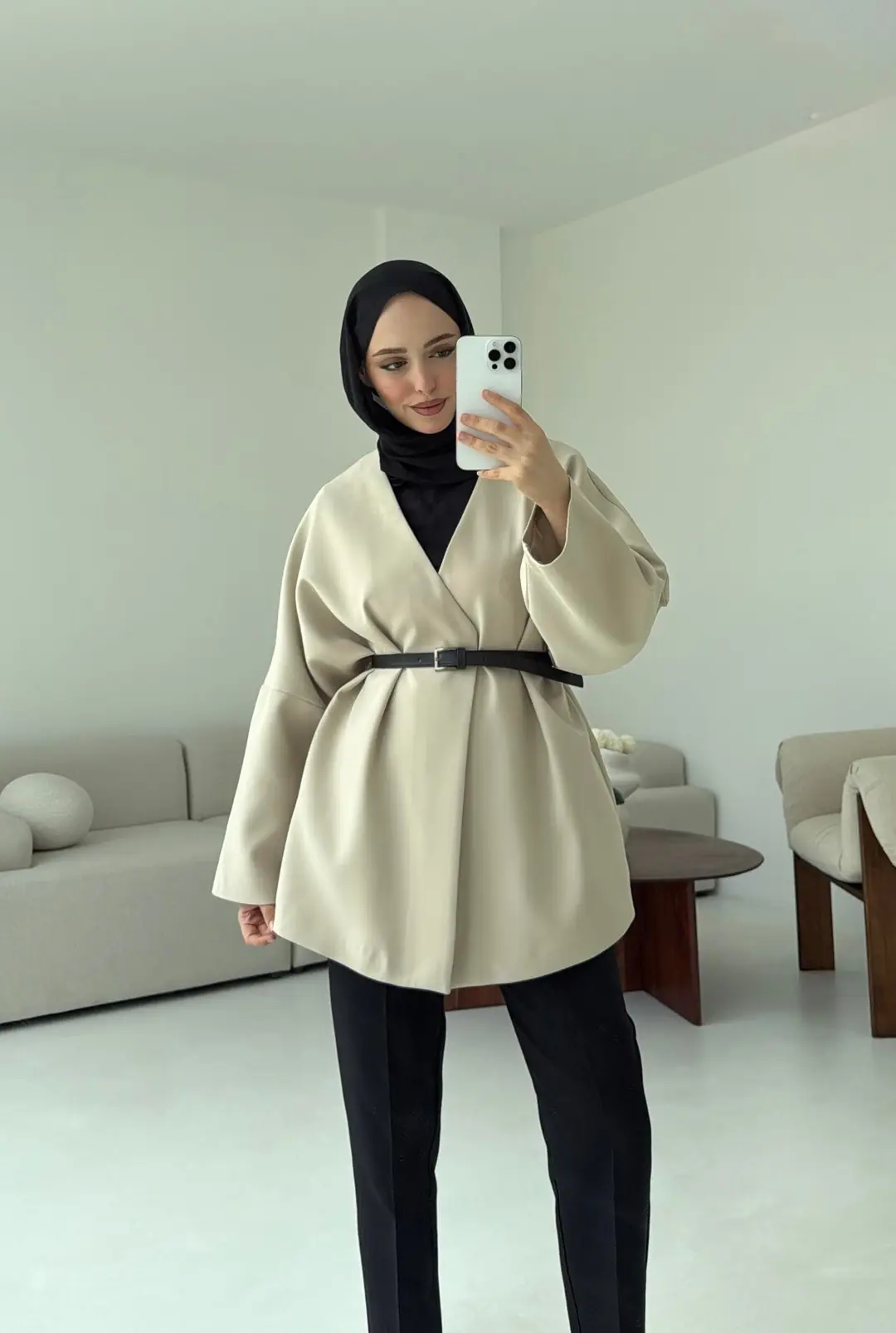 Deri Kemer Detay Oversize Ceket Taş