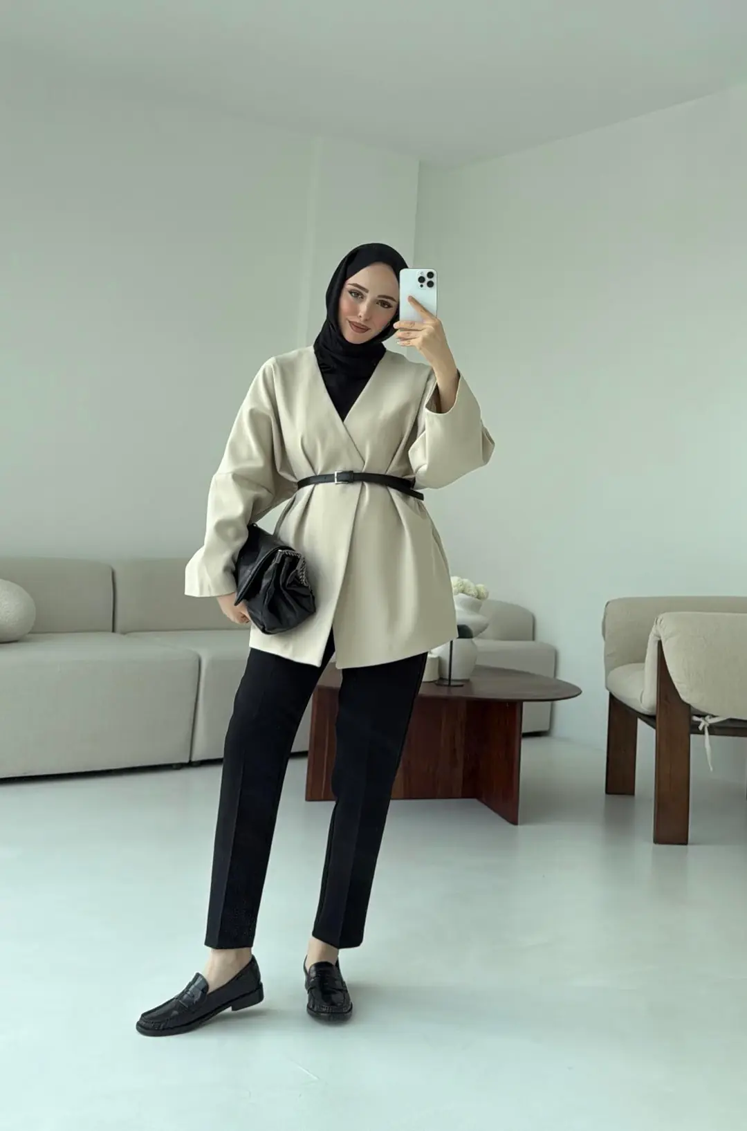 Deri Kemer Detay Oversize Ceket Taş - Görsel 2