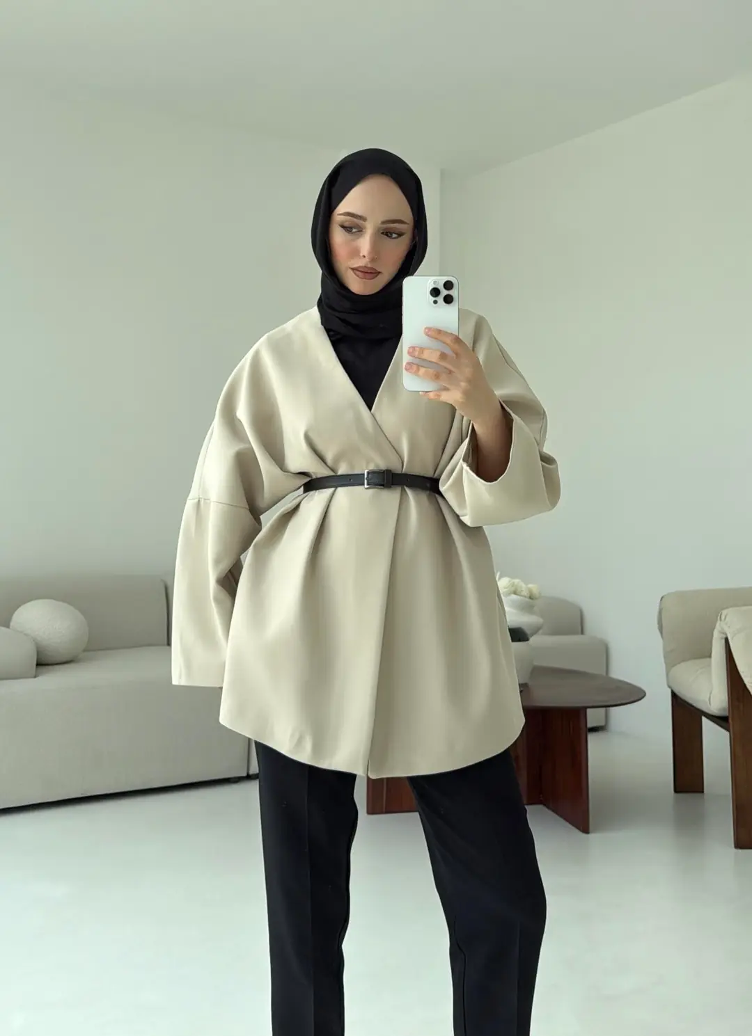 Deri Kemer Detay Oversize Ceket Taş - Görsel 6