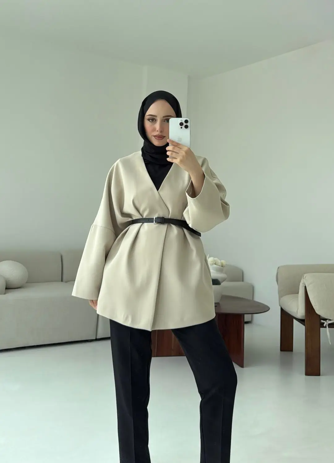 Deri Kemer Detay Oversize Ceket Taş - Görsel 7