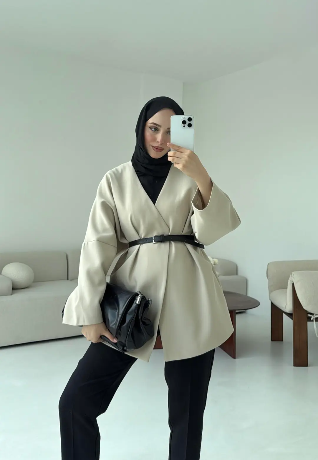 Deri Kemer Detay Oversize Ceket Taş - Görsel 8