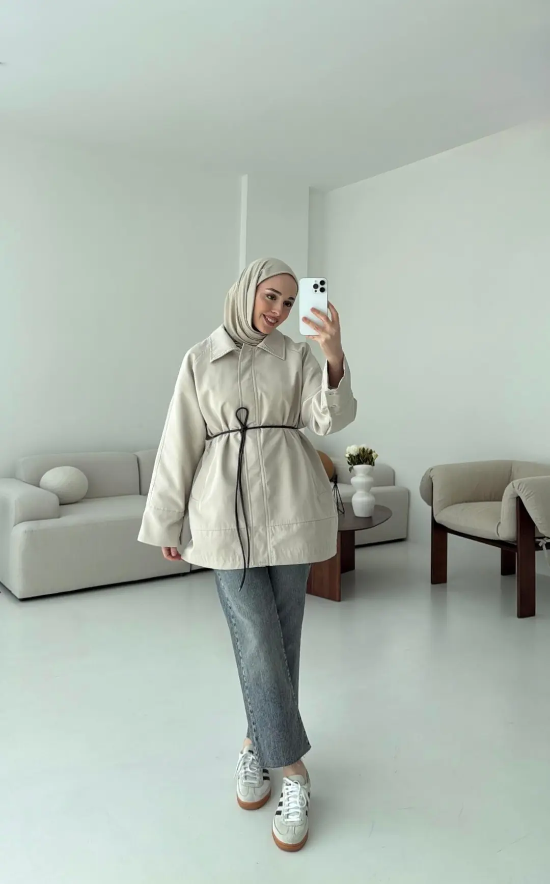 Deri Kemerli Premium Astarlı Fermuarlı Trençkot Bej - Görsel 5