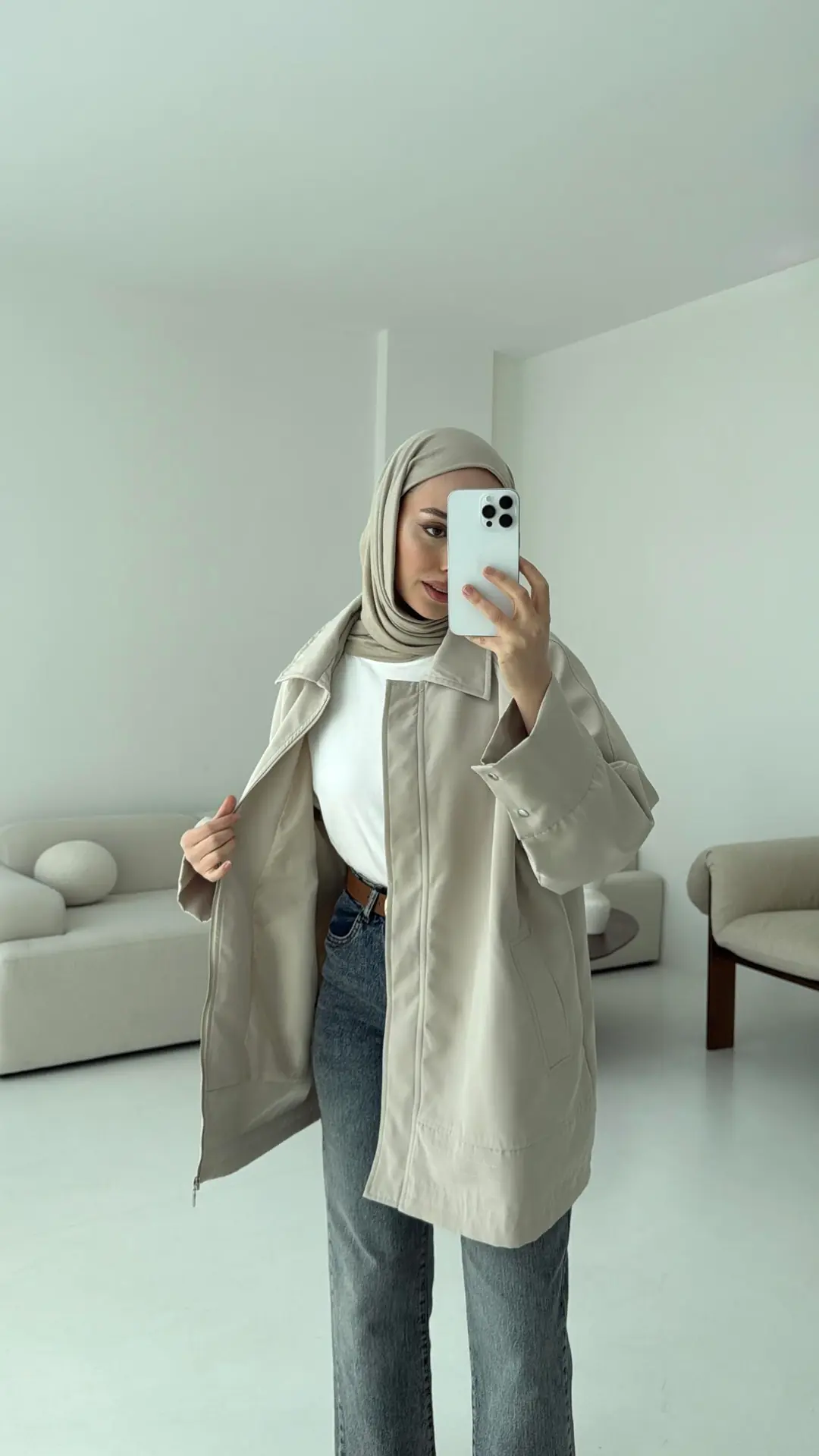 Deri Kemerli Premium Astarlı Fermuarlı Trençkot Bej - Görsel 6