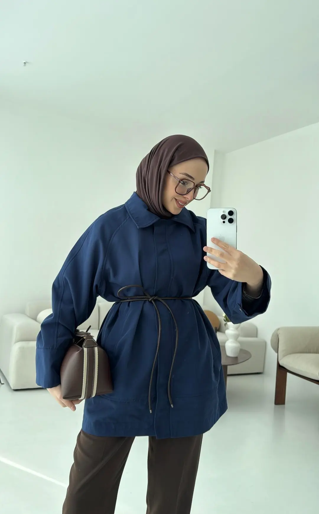 Deri Kemerli Premium Astarlı Fermuarlı Trençkot Lacivert