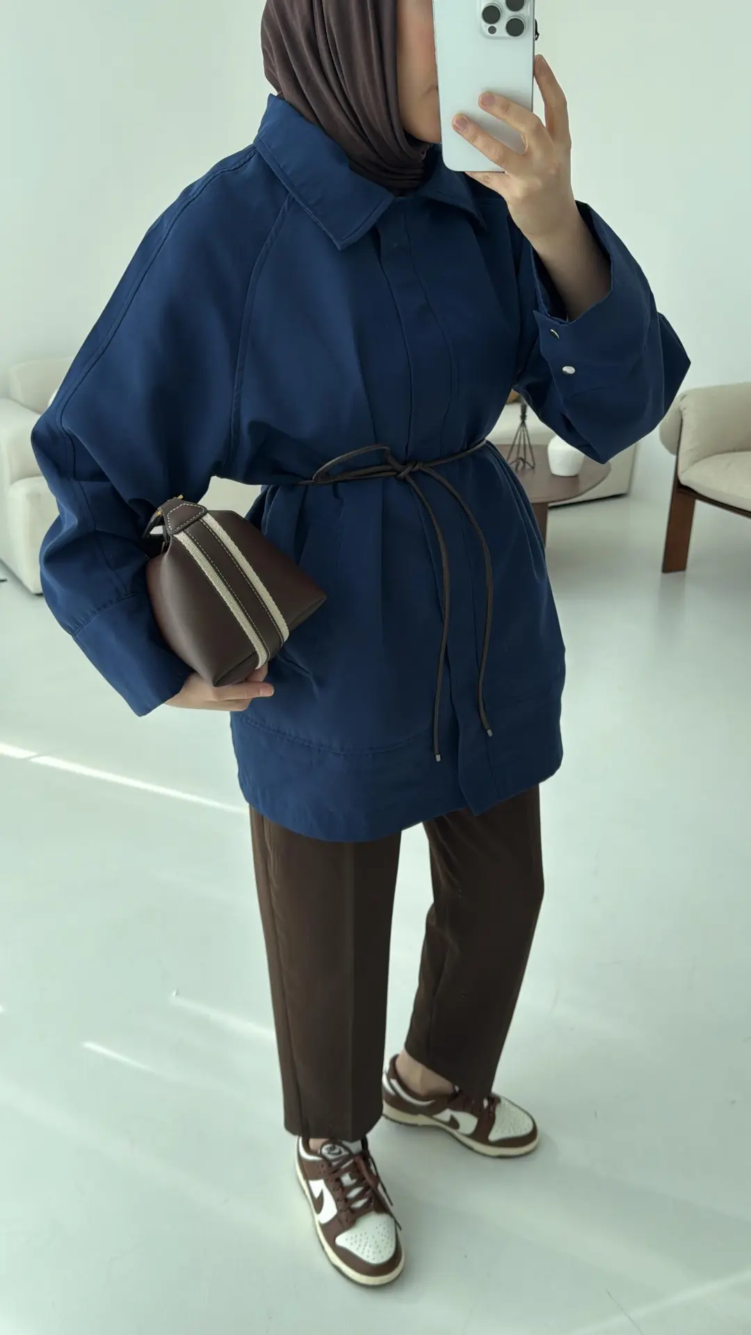 Deri Kemerli Premium Astarlı Fermuarlı Trençkot Lacivert - Görsel 2