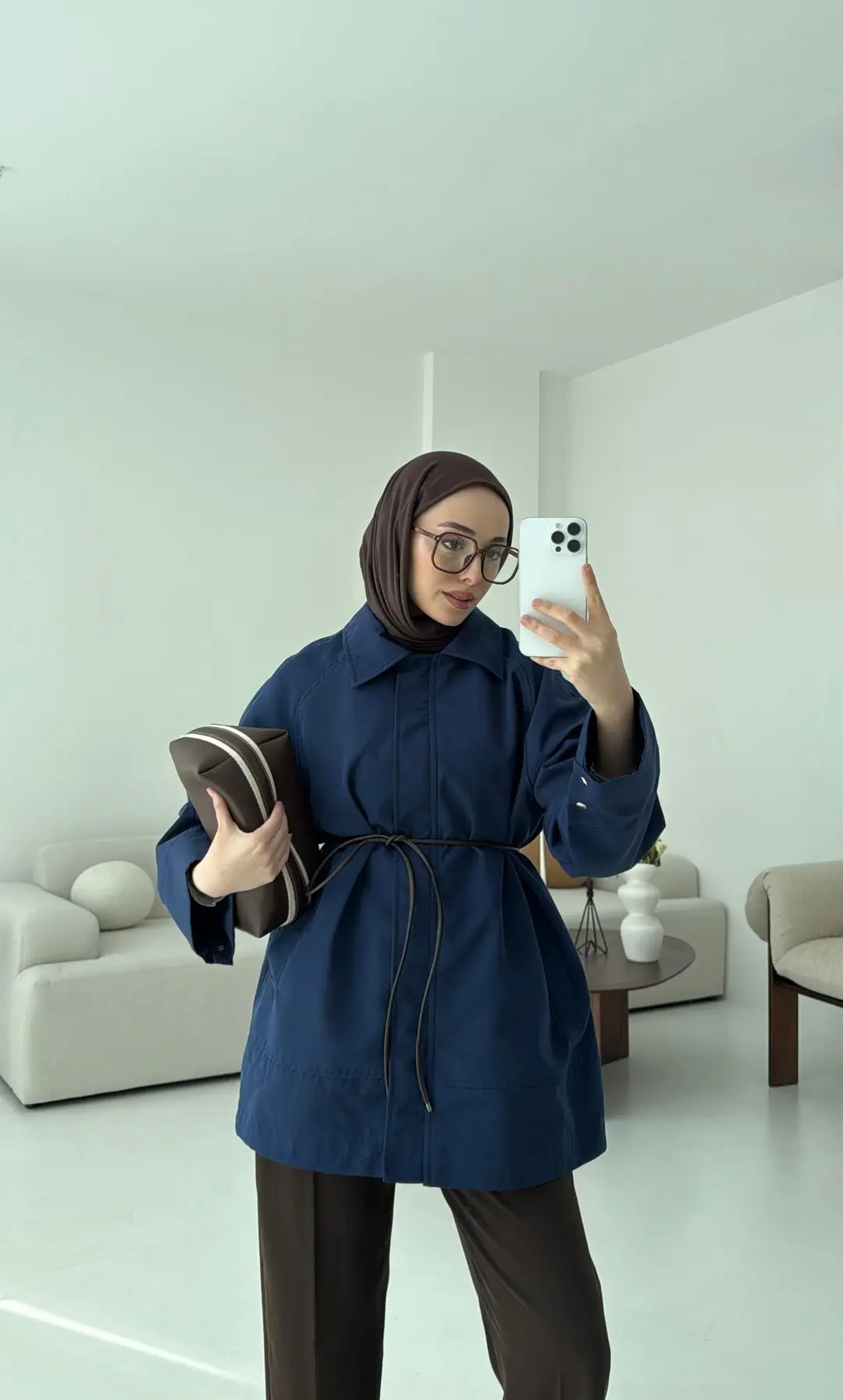 Deri Kemerli Premium Astarlı Fermuarlı Trençkot Lacivert - Görsel 5