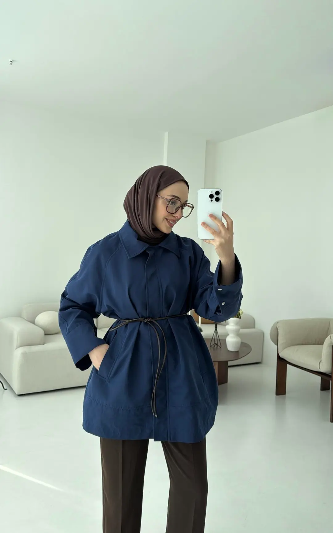 Deri Kemerli Premium Astarlı Fermuarlı Trençkot Lacivert - Görsel 7