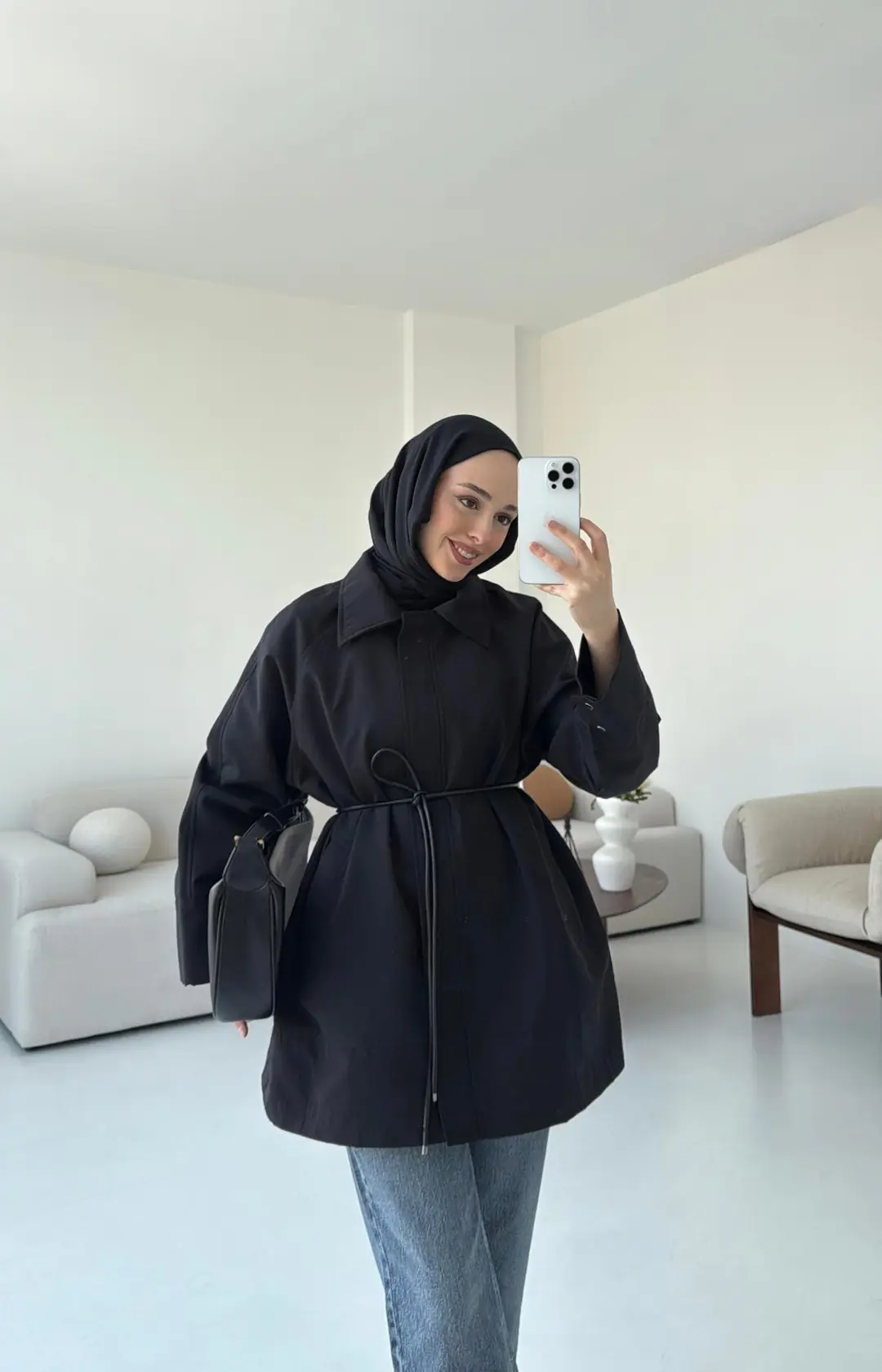 Deri Kemerli Premium Astarlı Fermuarlı Trençkot Siyah