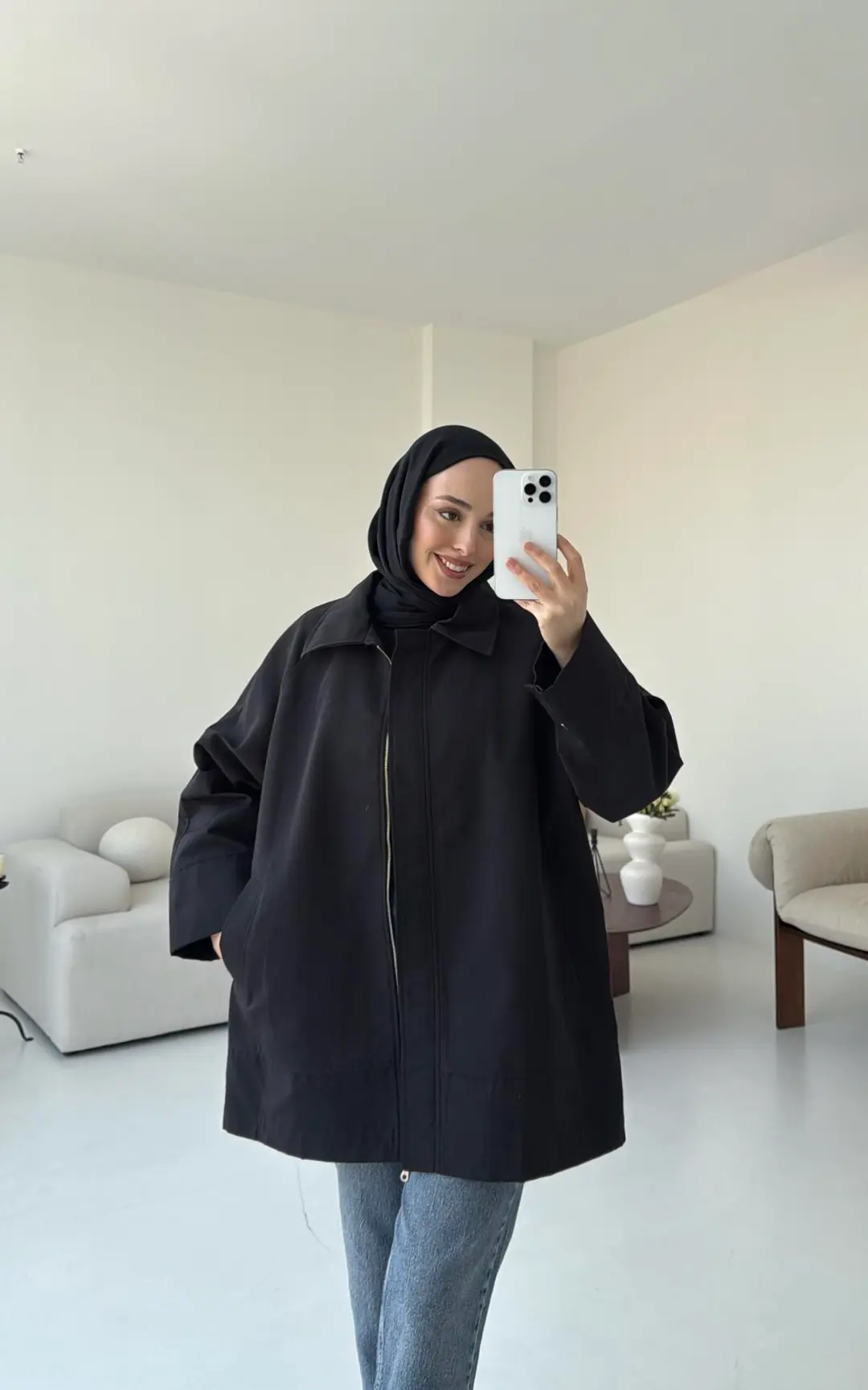 Deri Kemerli Premium Astarlı Fermuarlı Trençkot Siyah - Görsel 6