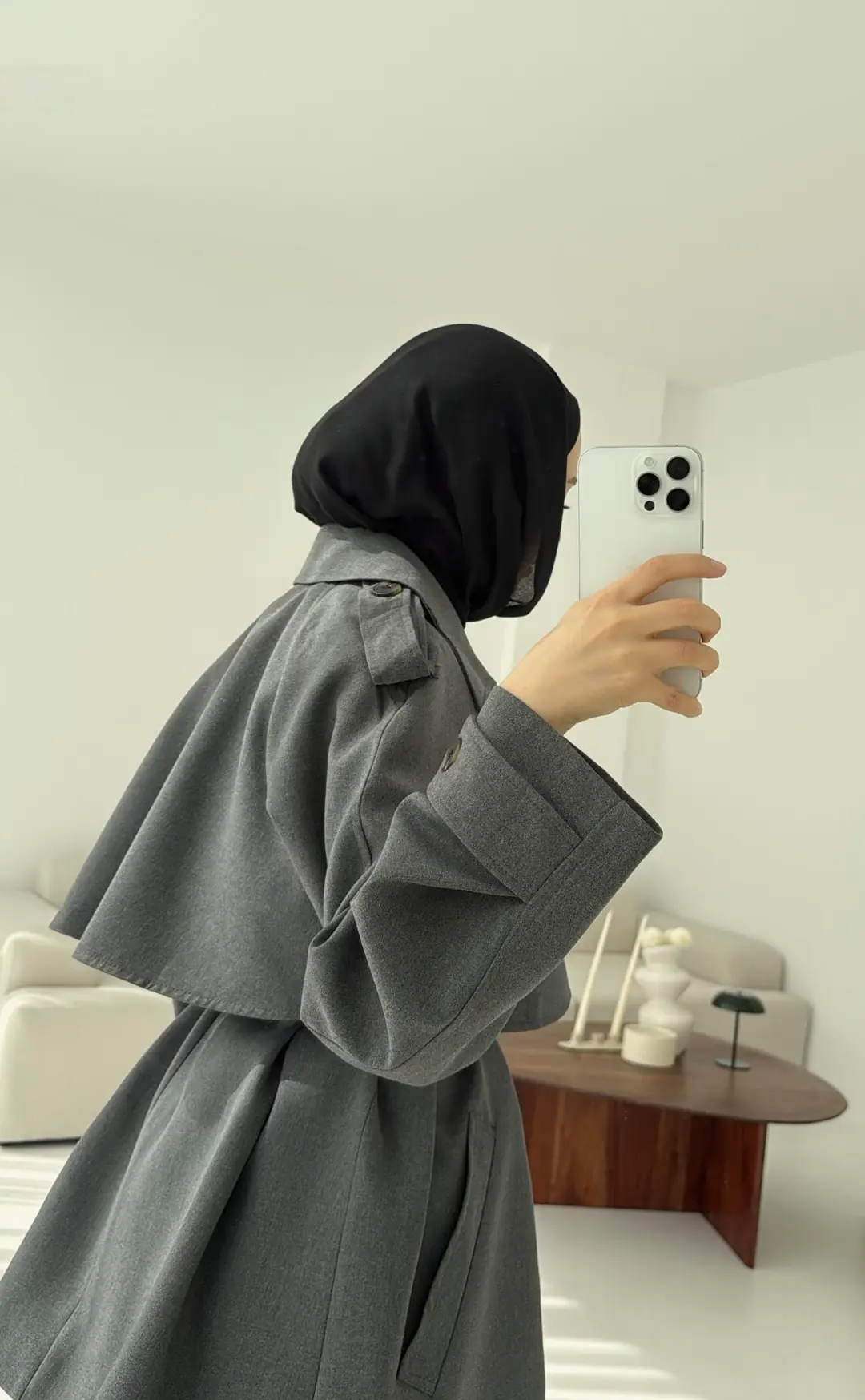 Deri Kemerli Trençkot Gri - Görsel 2