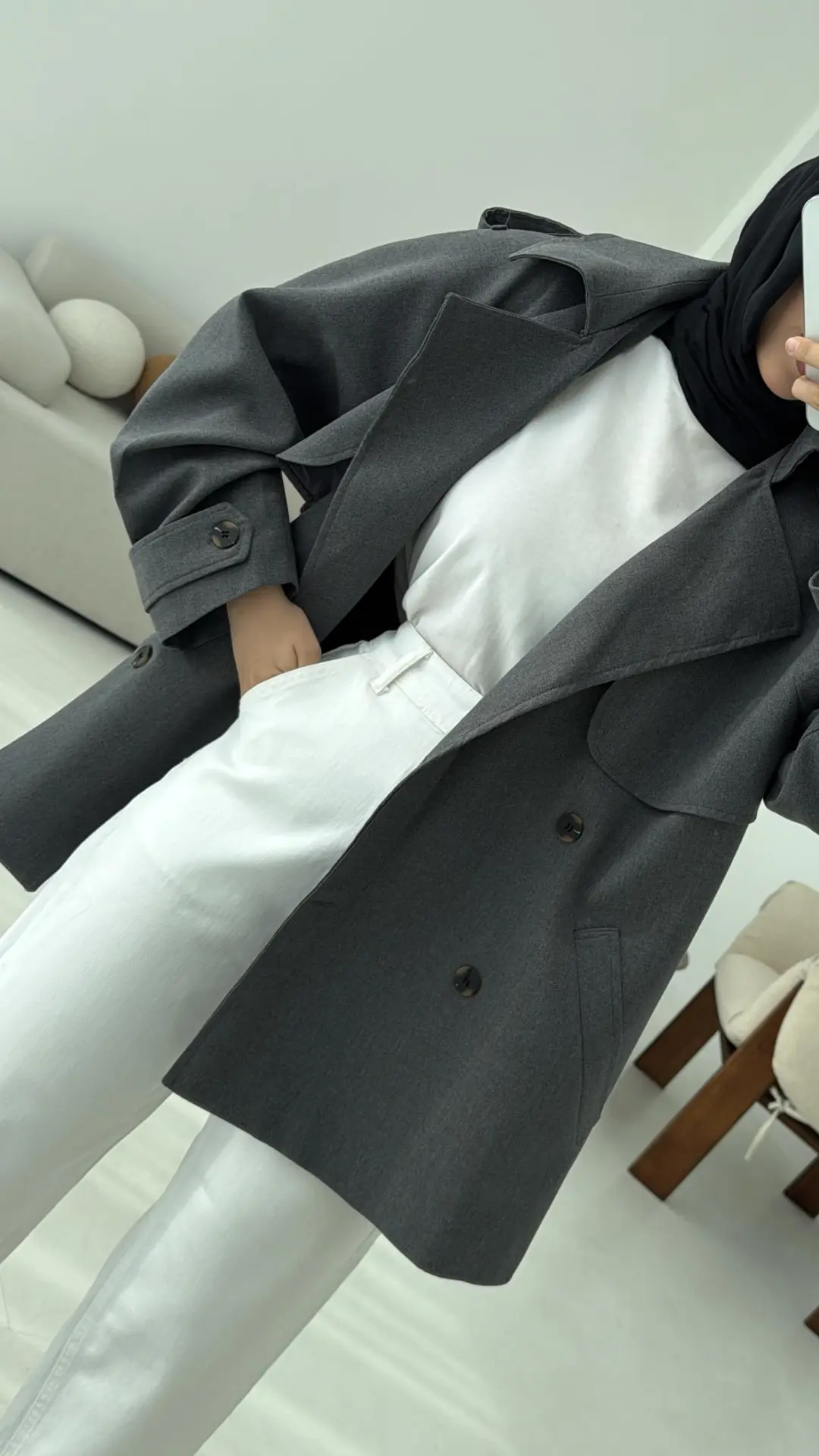 Deri Kemerli Trençkot Gri - Görsel 3