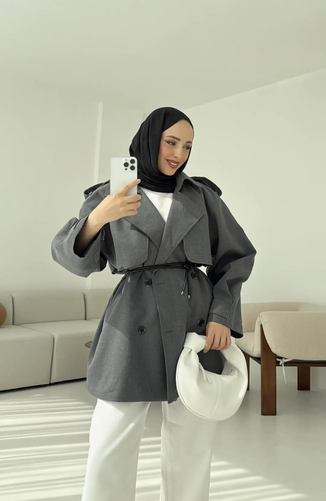 Deri Kemerli Trençkot Gri - Görsel 5