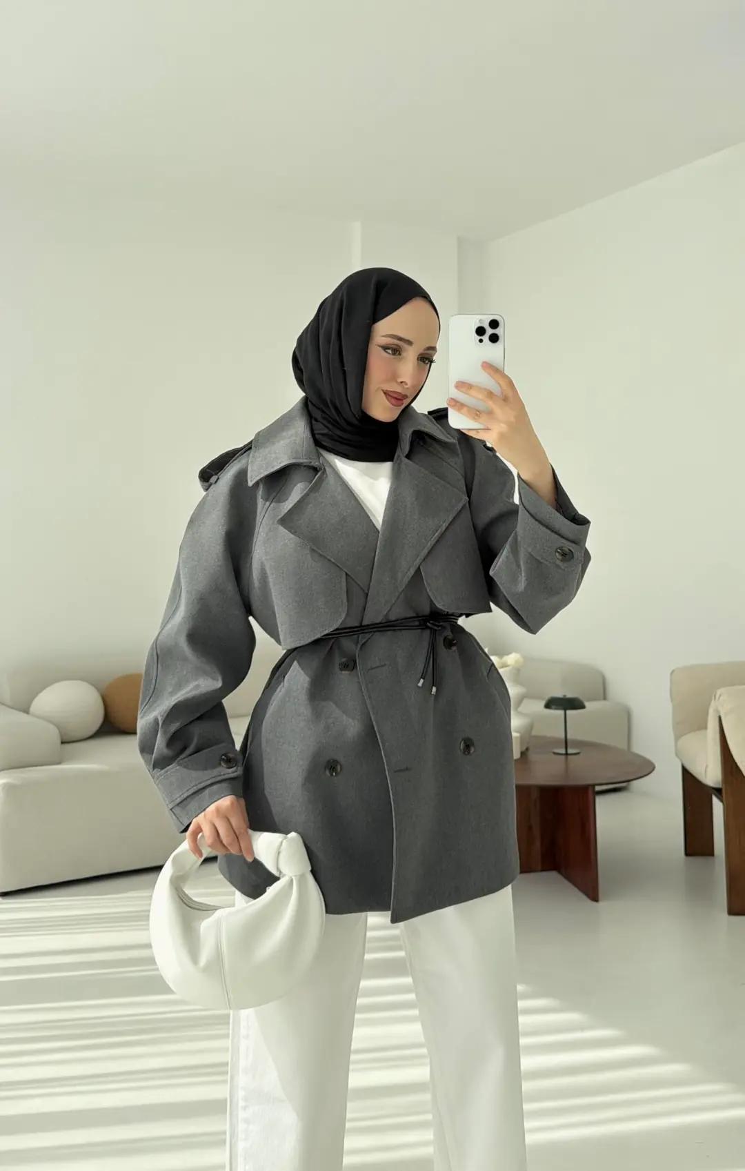 Deri Kemerli Trençkot Gri - Görsel 6