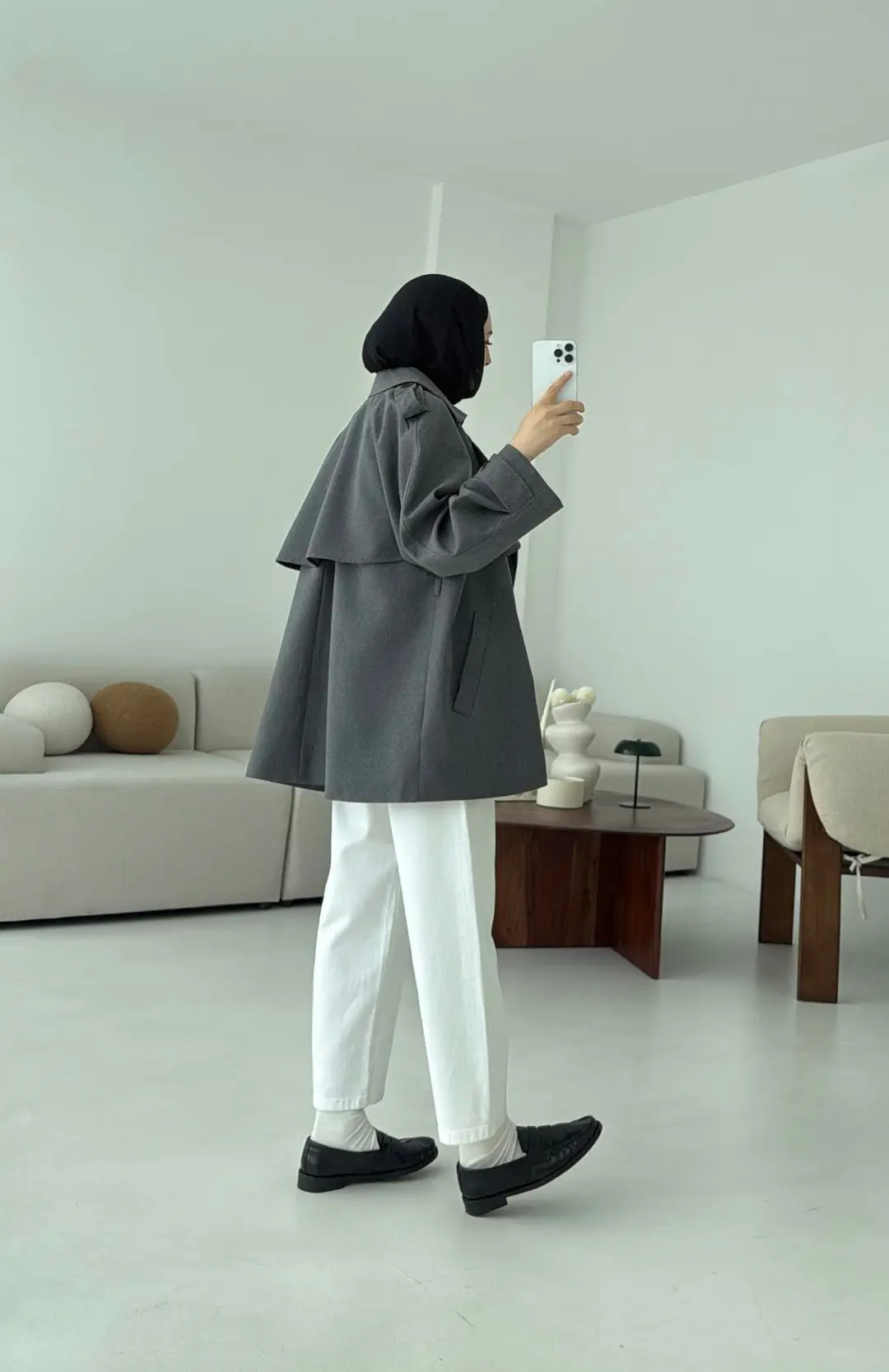 Deri Kemerli Trençkot Gri - Görsel 7