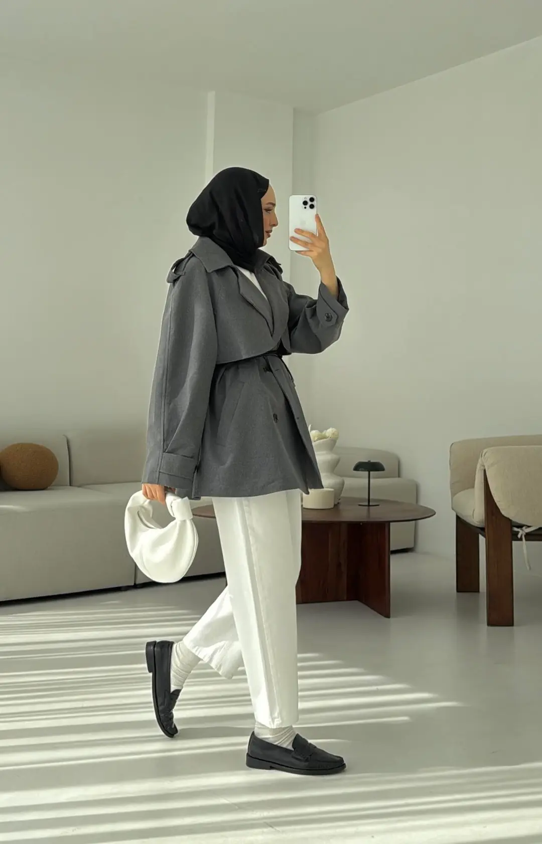 Deri Kemerli Trençkot Gri - Görsel 9