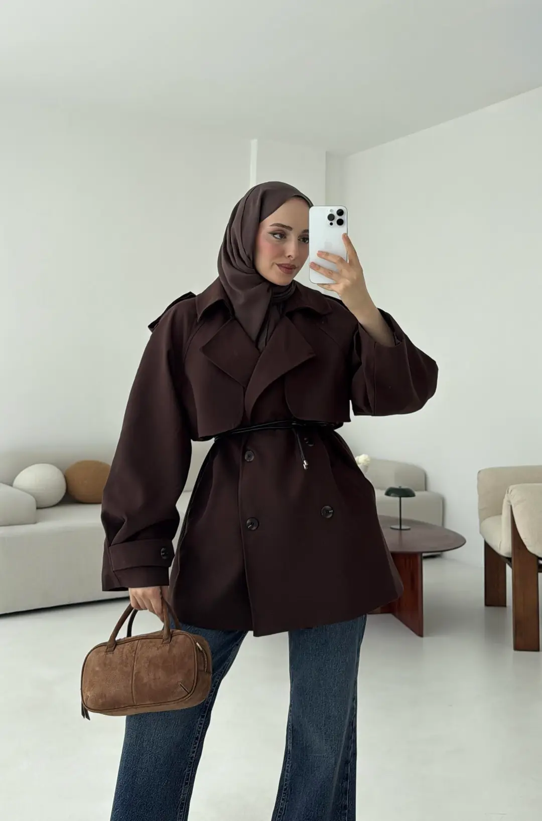 Deri Kemerli Trençkot Kahve