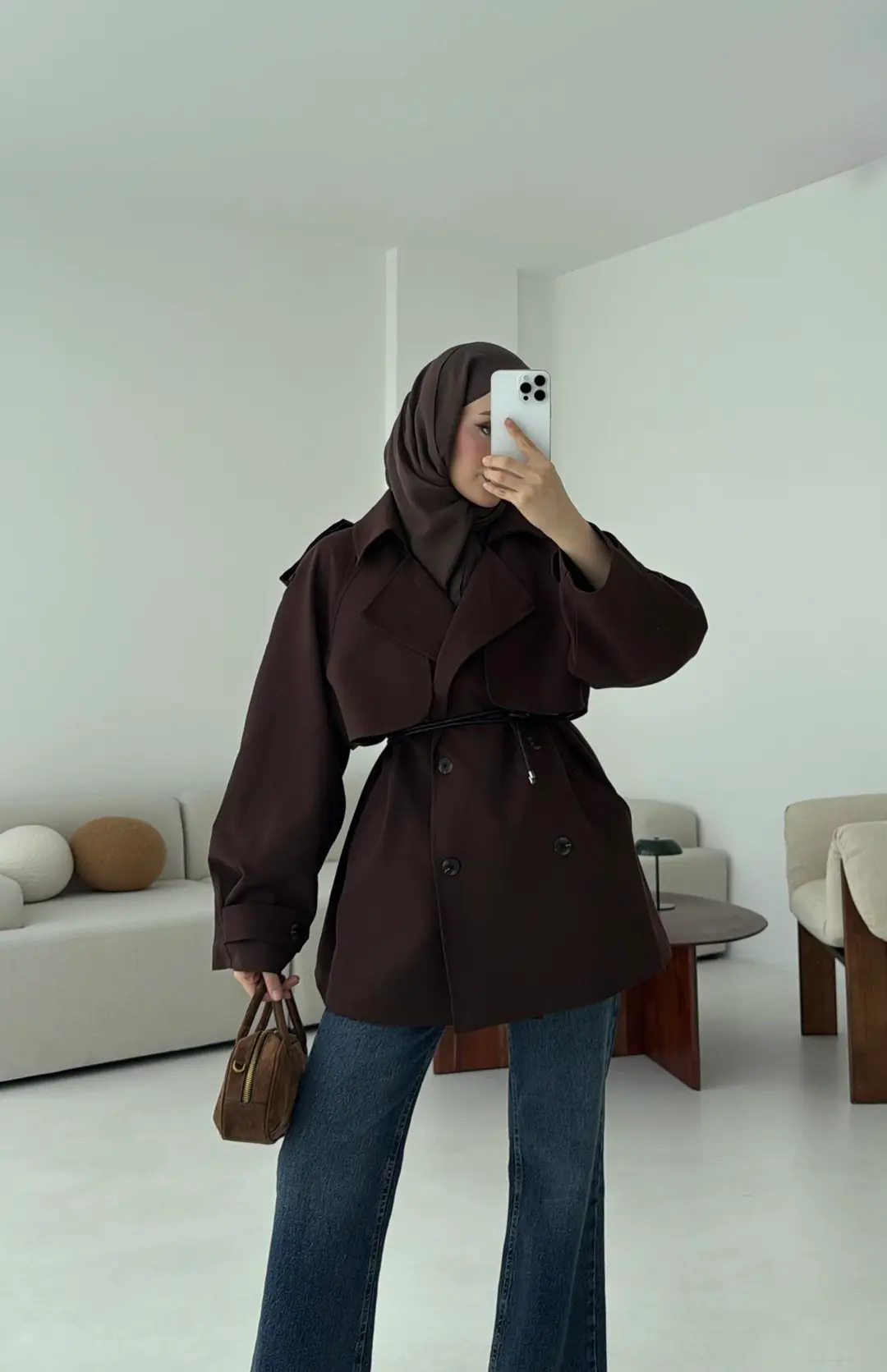 Deri Kemerli Trençkot Kahve - Görsel 3