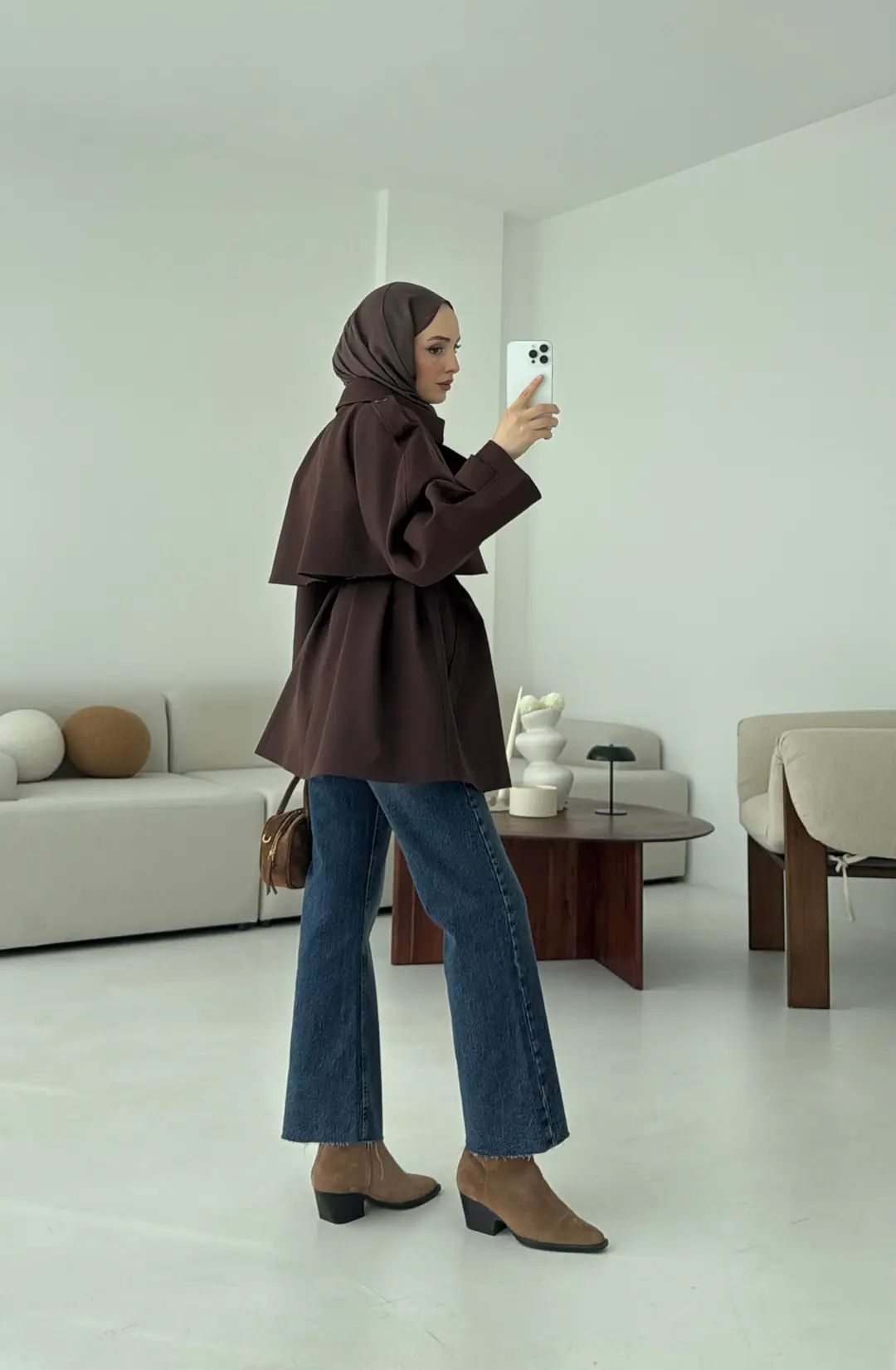 Deri Kemerli Trençkot Kahve - Görsel 4