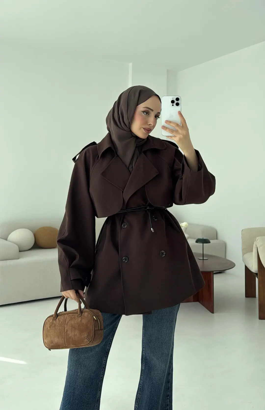 Deri Kemerli Trençkot Kahve - Görsel 6