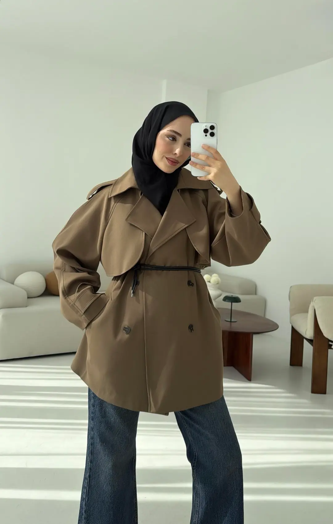 Deri Kemerli Trençkot Koyu Vizon