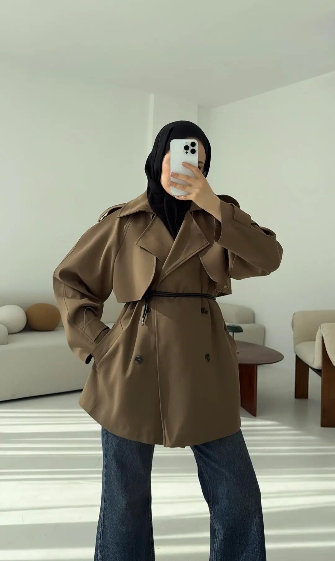 Deri Kemerli Trençkot Koyu Vizon - Görsel 10