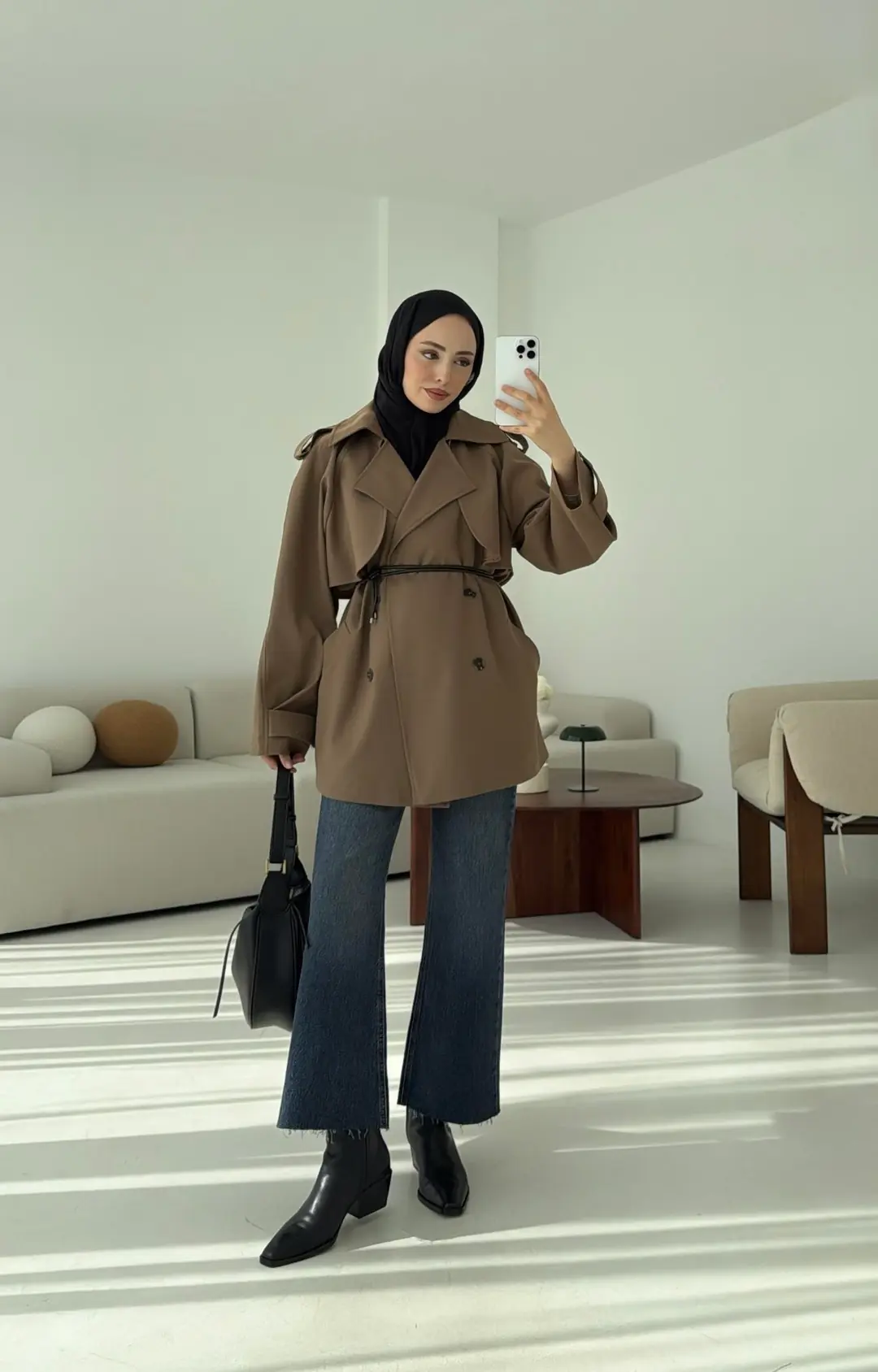 Deri Kemerli Trençkot Koyu Vizon - Görsel 4