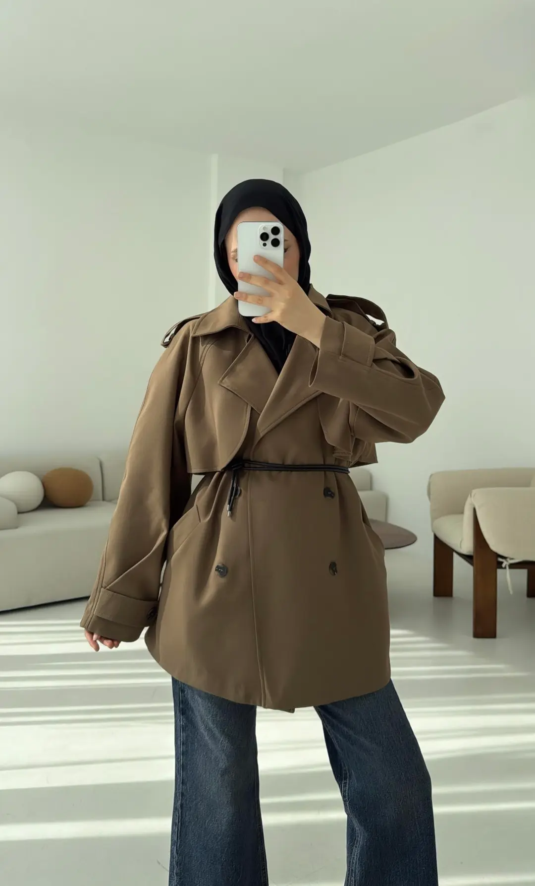 Deri Kemerli Trençkot Koyu Vizon - Görsel 6