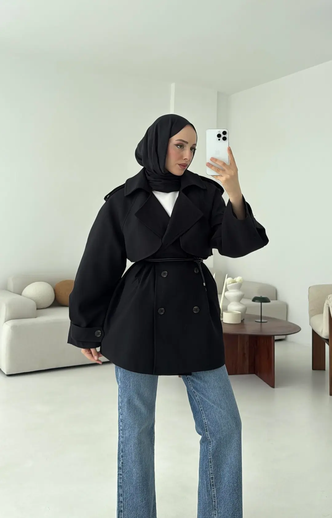 Deri Kemerli Trençkot Siyah