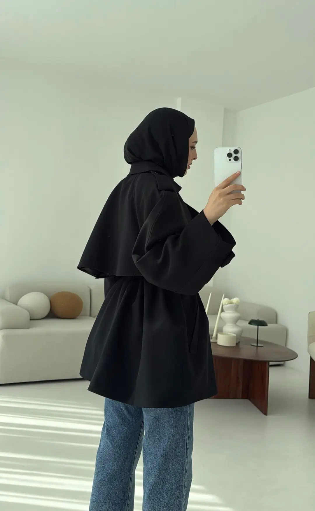 Deri Kemerli Trençkot Siyah - Görsel 2