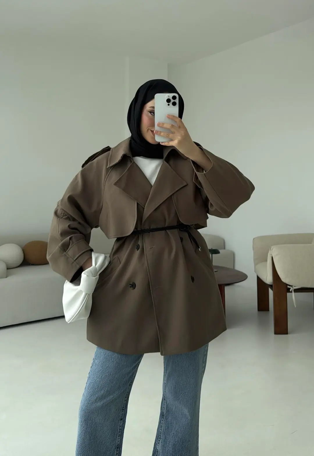 Deri Kemerli Trençkot Vizon - Görsel 10