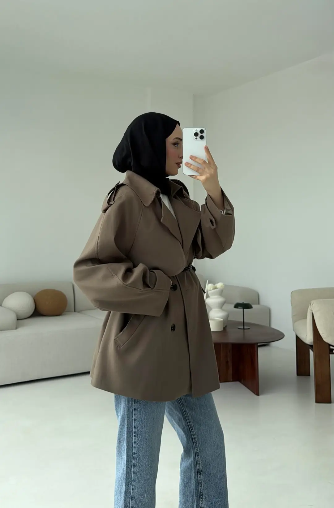 Deri Kemerli Trençkot Vizon - Görsel 7