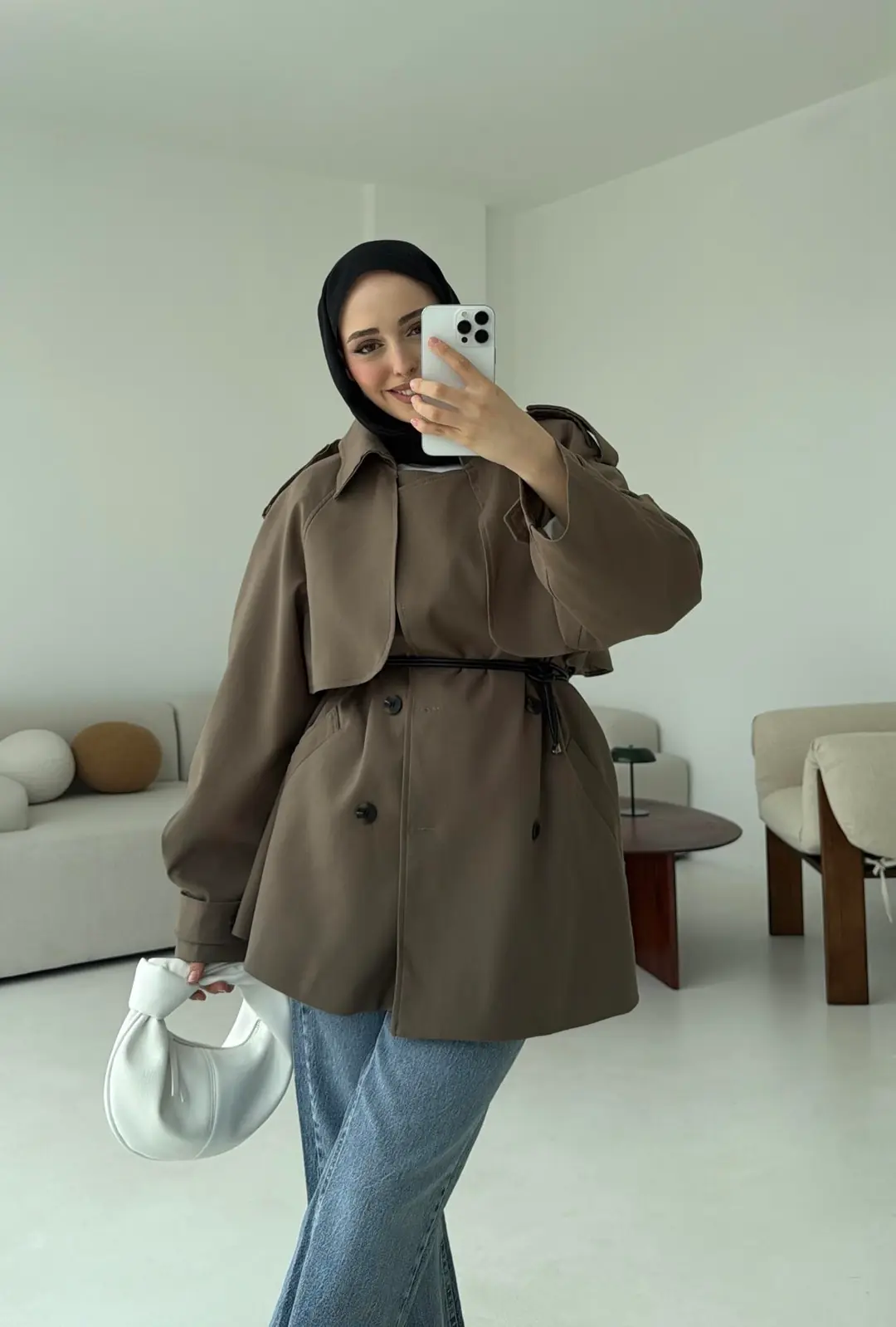 Deri Kemerli Trençkot Vizon - Görsel 8