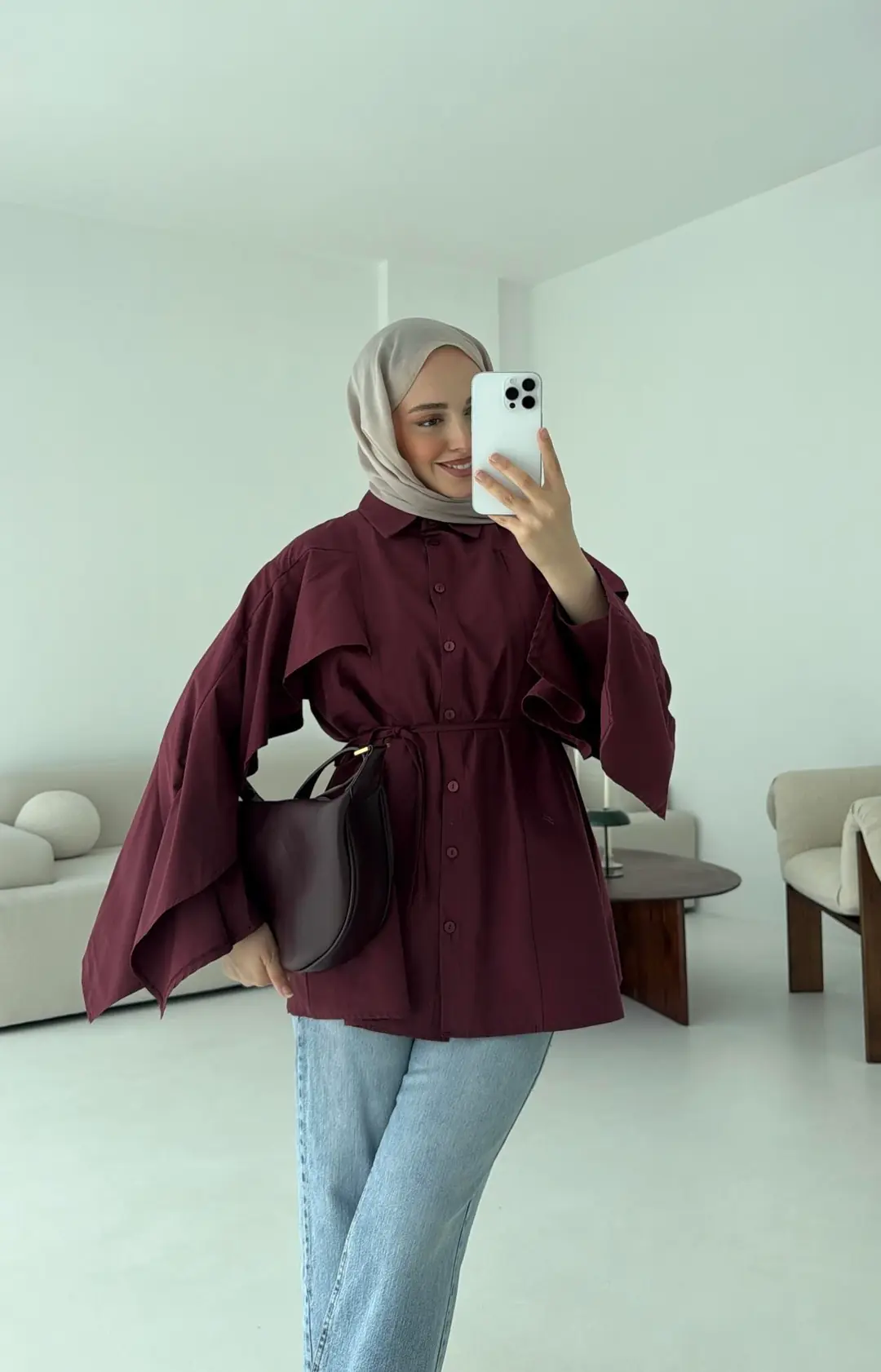 Detaylı Poplin Gömlek Bordo - Görsel 5