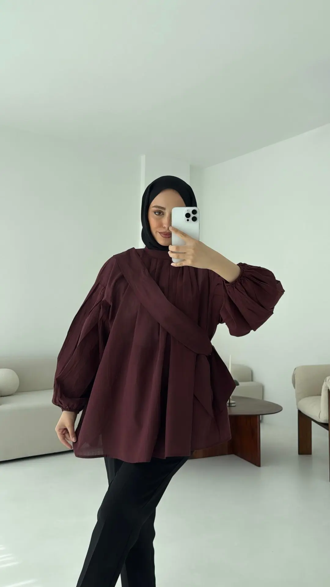 Detaylı Vual Kumaş Gömlek Bordo - Görsel 7