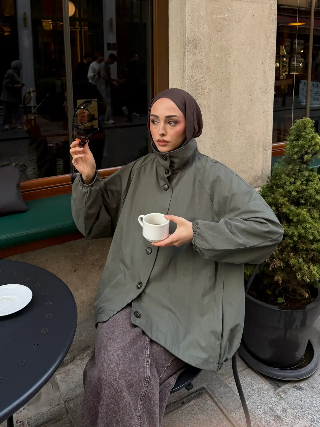 Dik Yaka Bomber Trençkot Haki - Görsel 4