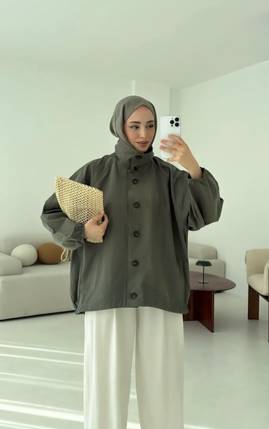 Dik Yaka Bomber Trençkot Haki - Görsel 10