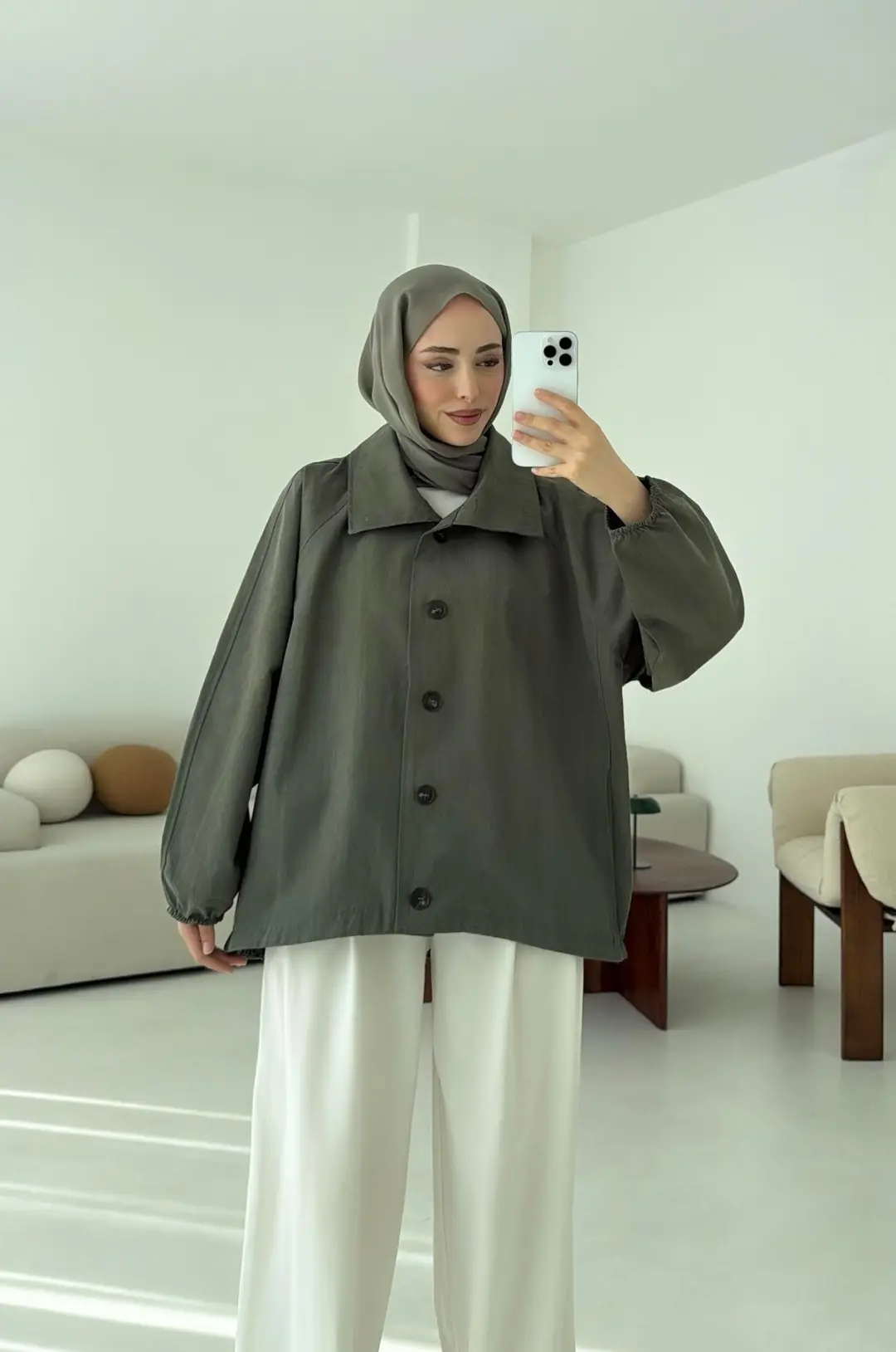 Dik Yaka Bomber Trençkot Haki - Görsel 6