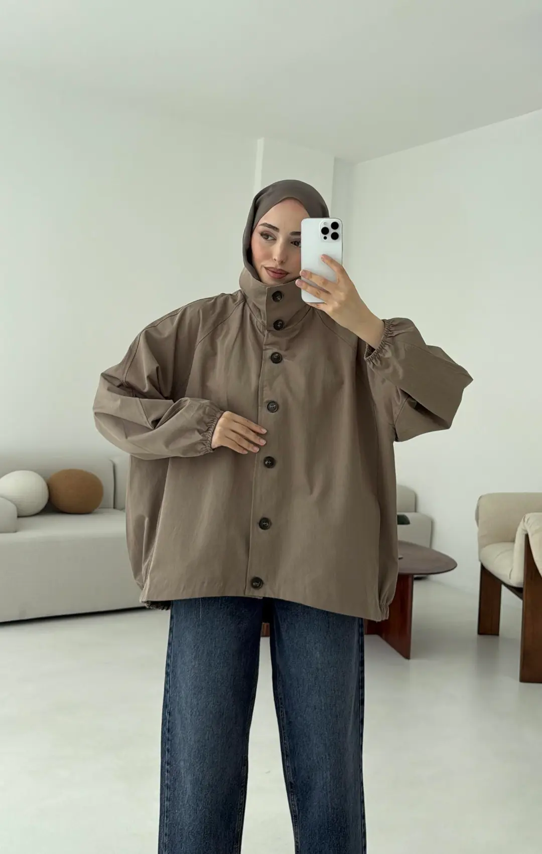 Dik Yaka Bomber Trençkot Vizon - Görsel 10