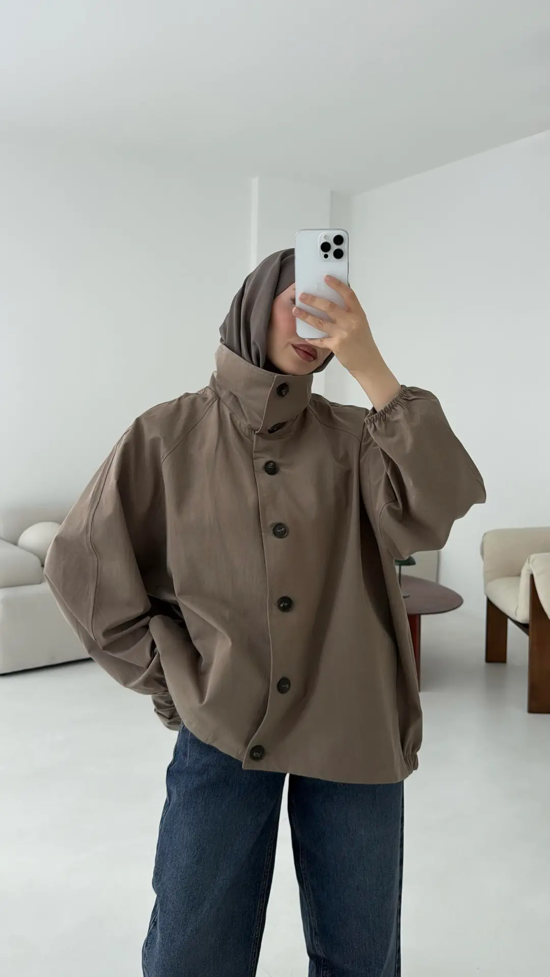 Dik Yaka Bomber Trençkot Vizon - Görsel 5