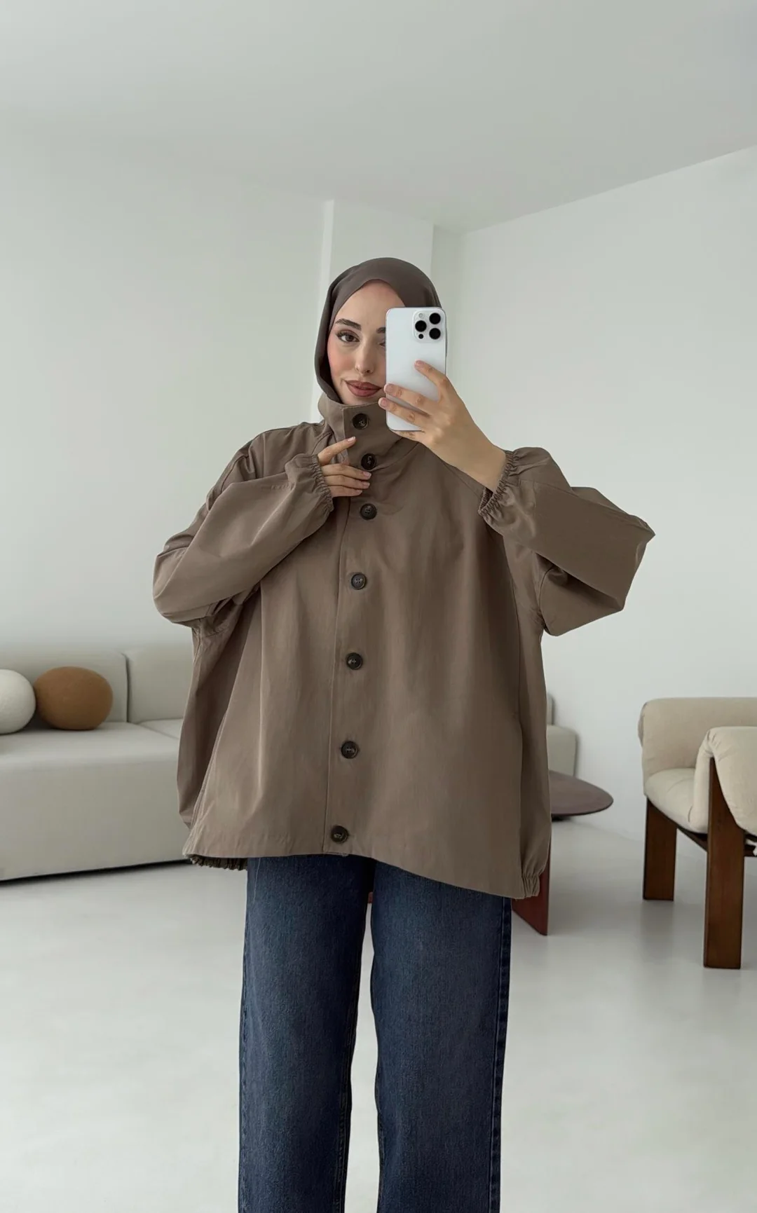 Dik Yaka Bomber Trençkot Vizon - Görsel 6