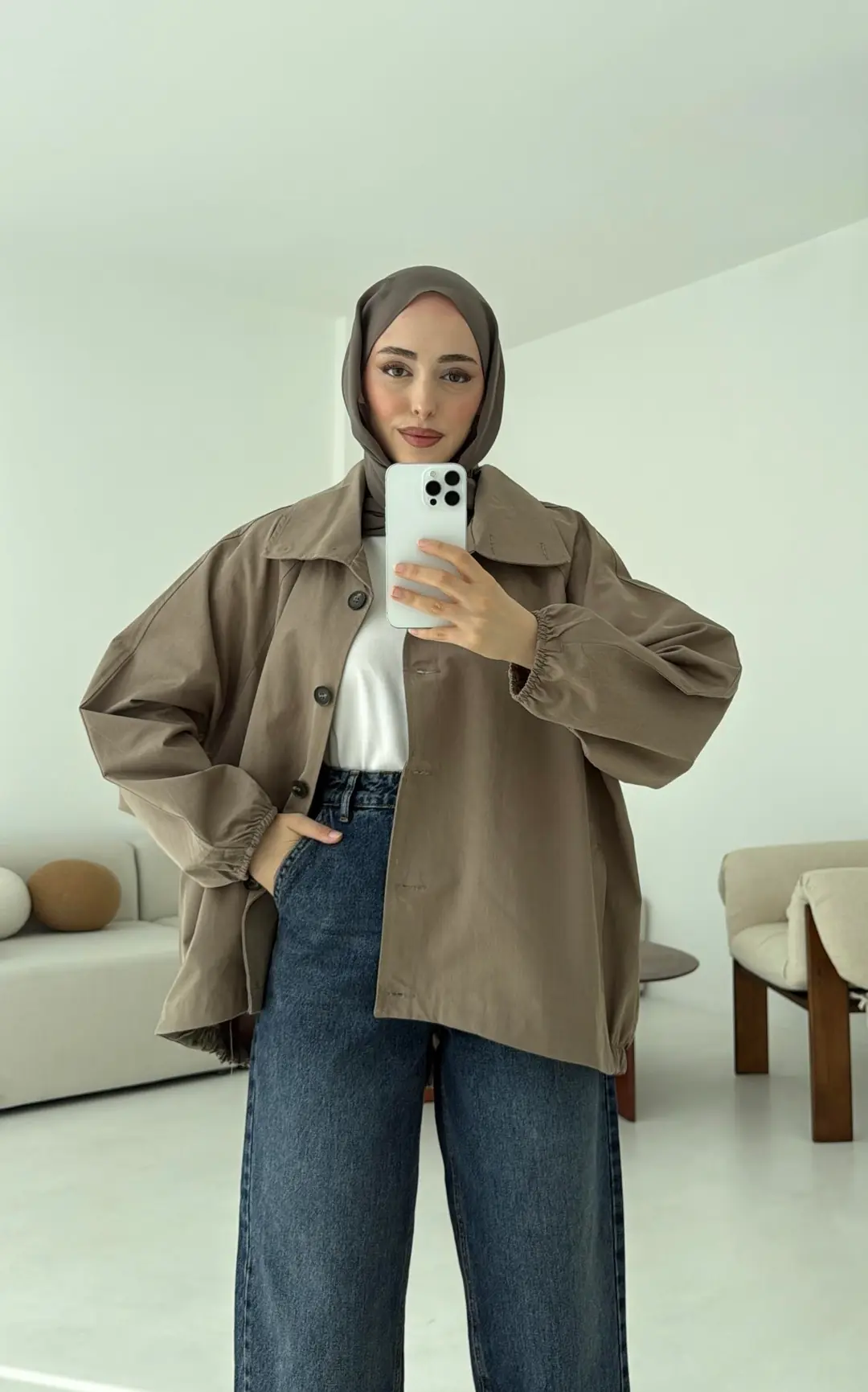 Dik Yaka Bomber Trençkot Vizon - Görsel 9