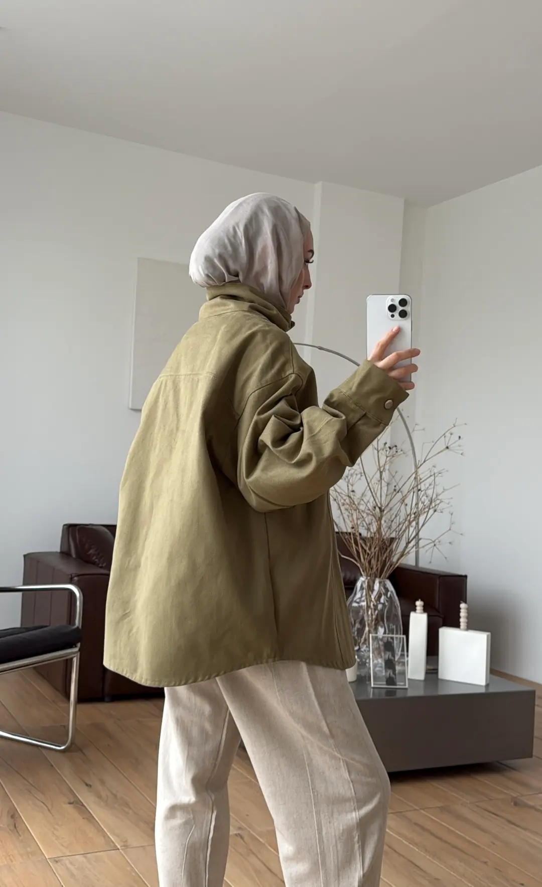 Dik Yaka Çıtçıtlı Gabardin Ceket Açık Yeşil - Görsel 4