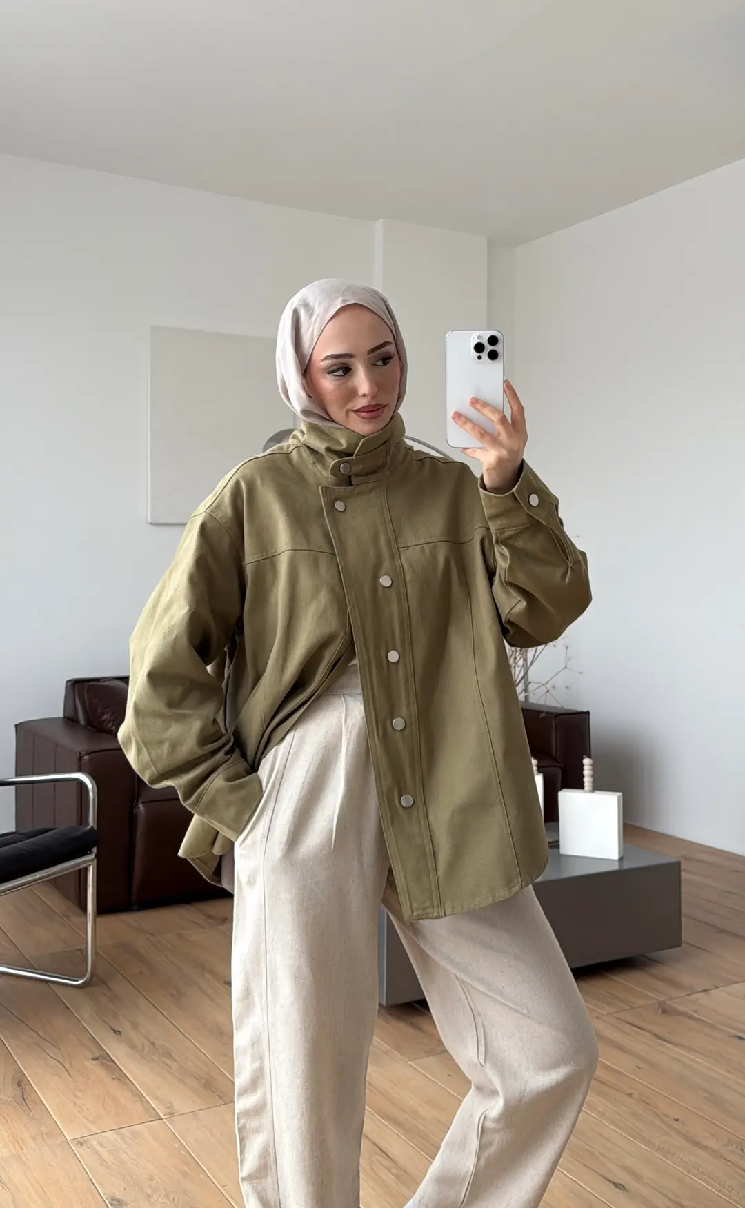 Dik Yaka Çıtçıtlı Gabardin Ceket Açık Yeşil - Görsel 5