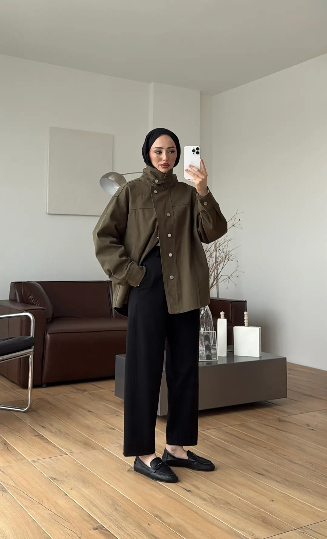 Dik Yaka Çıtçıtlı Gabardin Ceket Haki