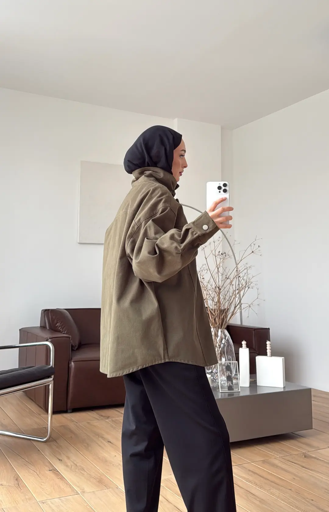 Dik Yaka Çıtçıtlı Gabardin Ceket Haki - Görsel 4