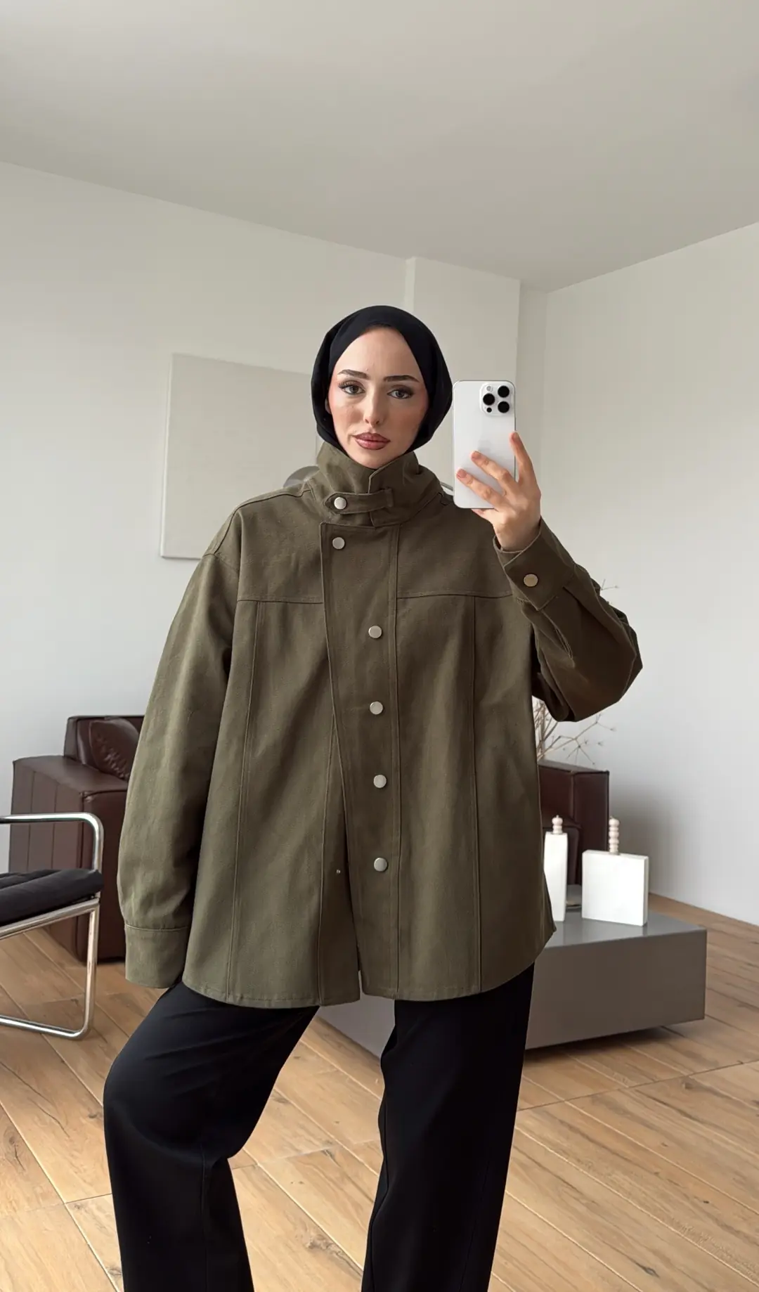 Dik Yaka Çıtçıtlı Gabardin Ceket Haki - Görsel 5