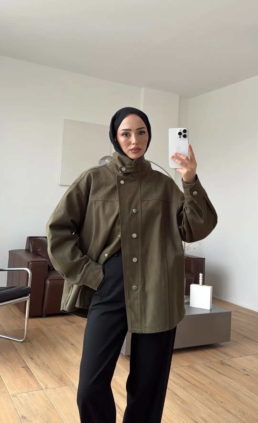 Dik Yaka Çıtçıtlı Gabardin Ceket Haki - Görsel 6