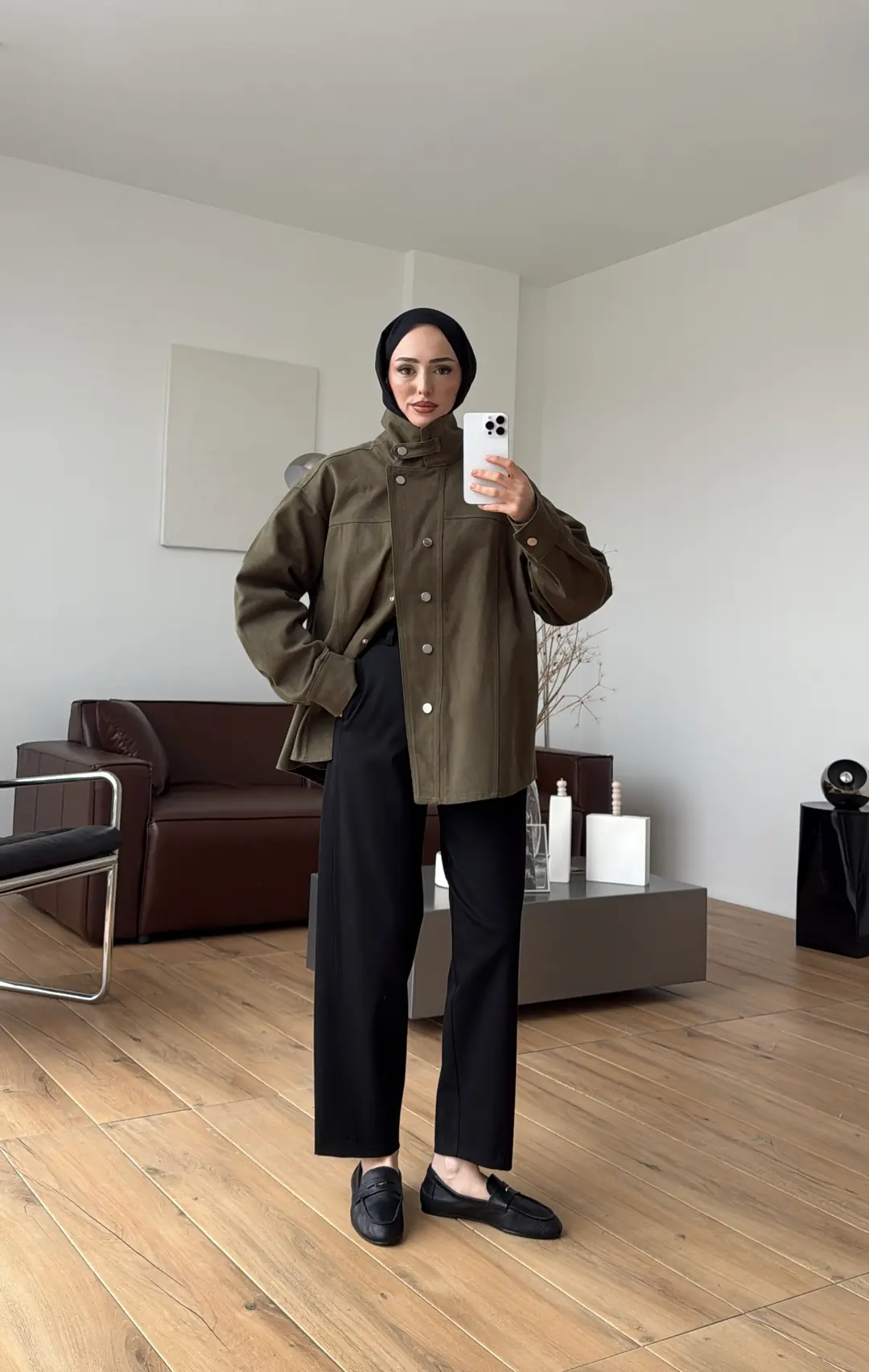 Dik Yaka Çıtçıtlı Gabardin Ceket Haki - Görsel 7