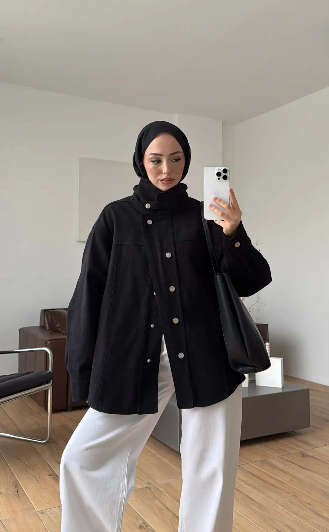 Dik Yaka Çıtçıtlı Gabardin Ceket Siyah